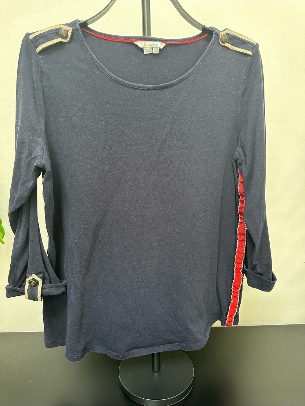 Navy Long-Sleeve Military-Trim Women’s Top - Red Accent
